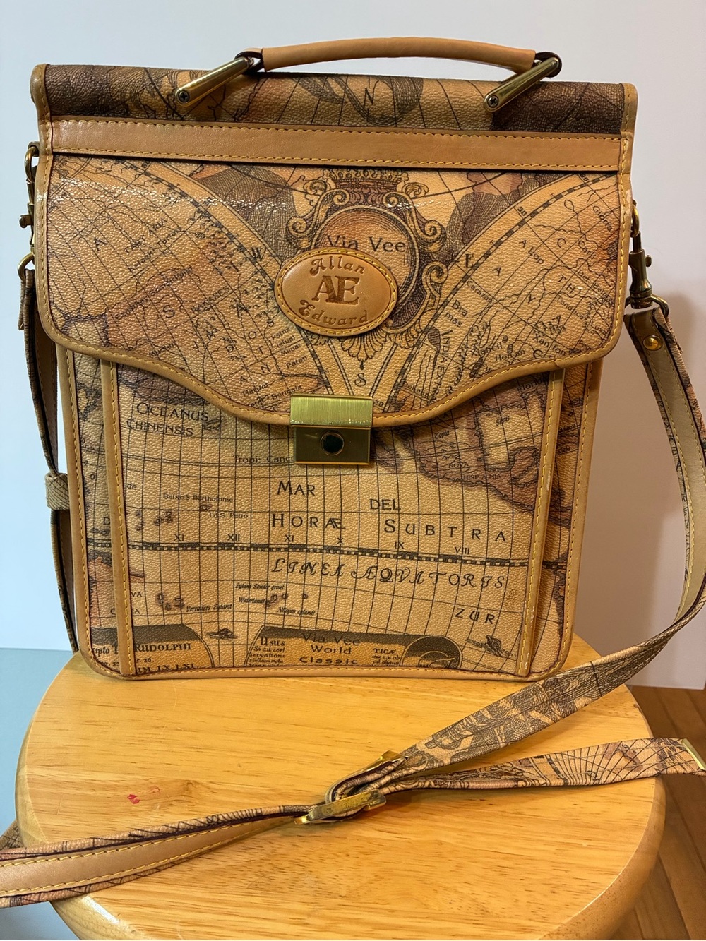 Tan Vintage Map-Print Messenger Bag by Allan Edward